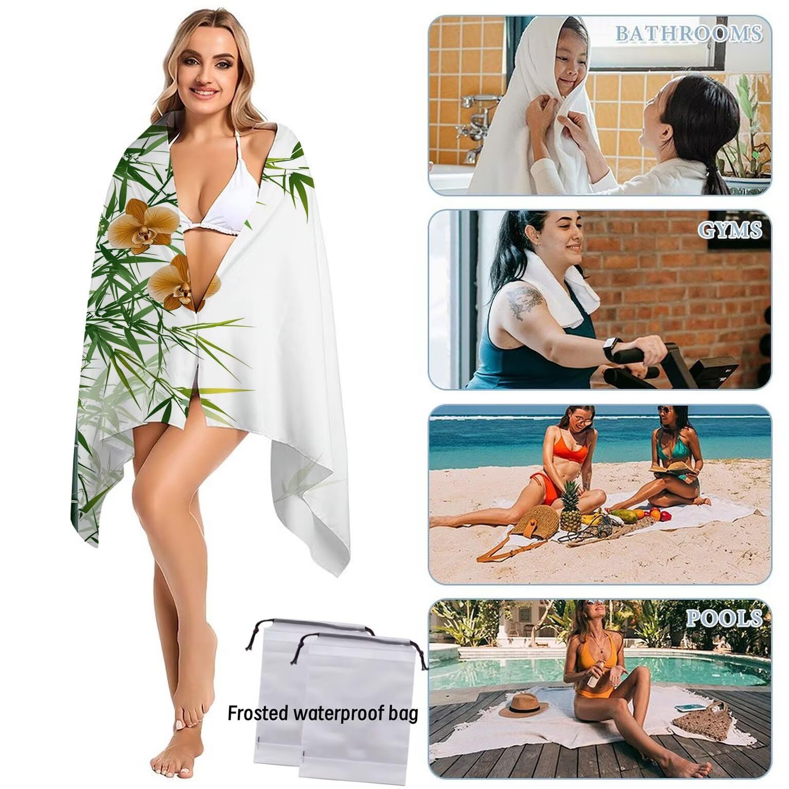 Strandtuch XXL 2er Set 100 x 200 cm, Groß Schnelltrocknendes Mikrofaser Handtuch, Sandfrei Badetuch, Summer Must Haves, für Damen Herren Reise Urlaub Schwimmen Sauna, mit Tasche (Bambus) B-834