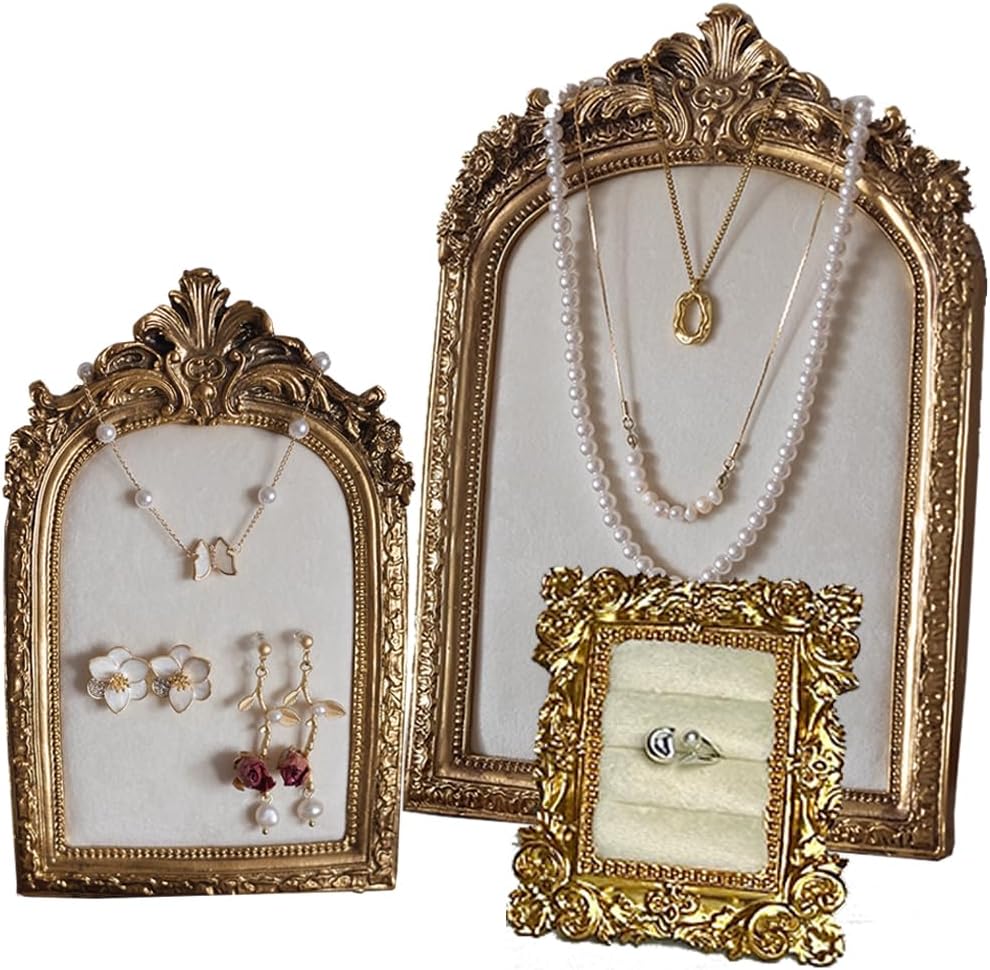 3 Pcs Jewelry Display Stand Organizer, Gold Vintage Ring Holder, Resin Necklace Holder Organizer, Photo Frame Earring Holder, Jewelry Holder for Wedding, Selling, Room Decor