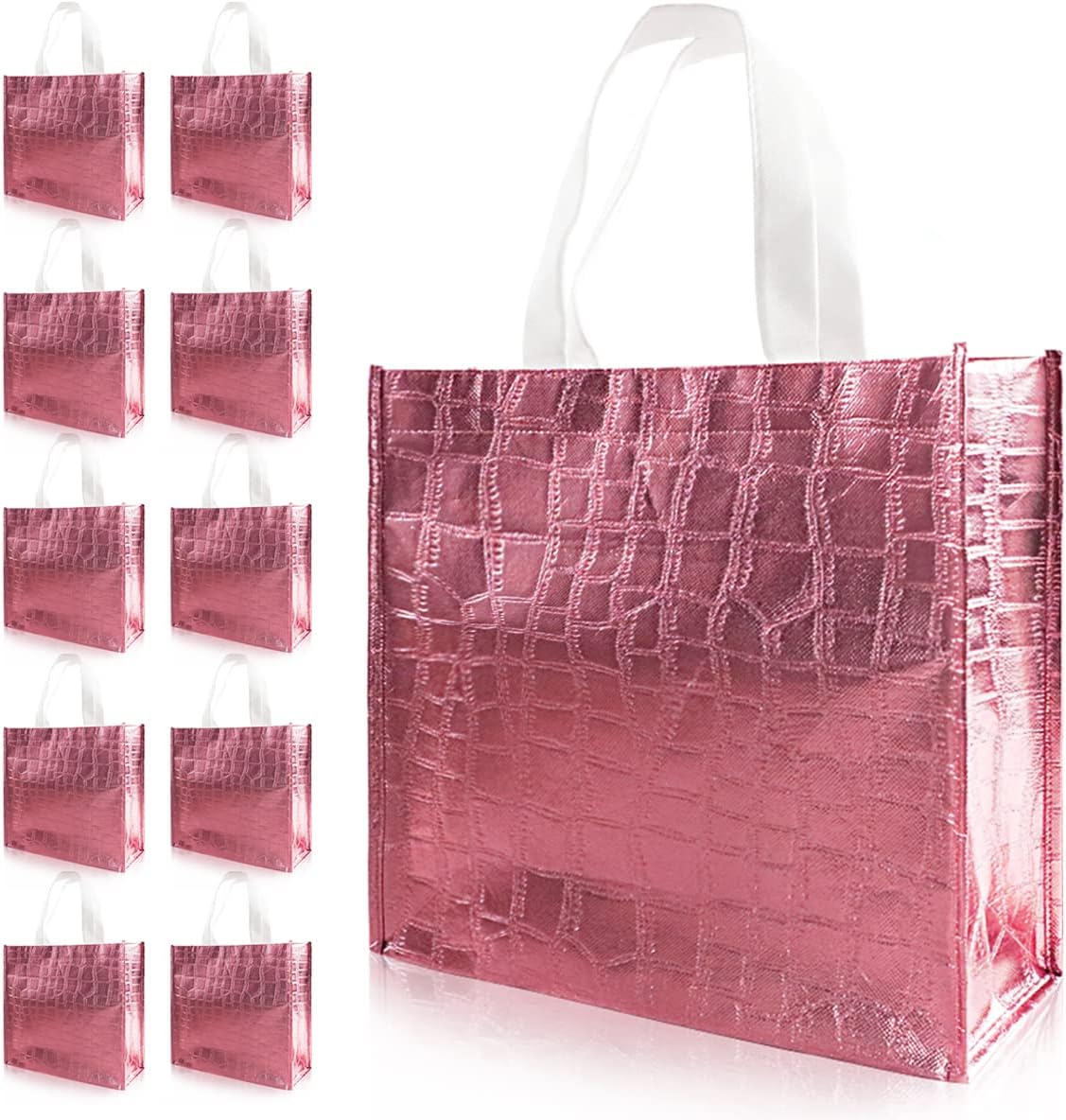 LadyRosian 12 Pcs Reusable Glossy Rose Gold Gift Bag, Non-woven Tote Grocery Bag with Handle, Foldable Party Favor Gift Bags for Bridesmaid, Wedding, Party, Birthday, Valentines, Proposal