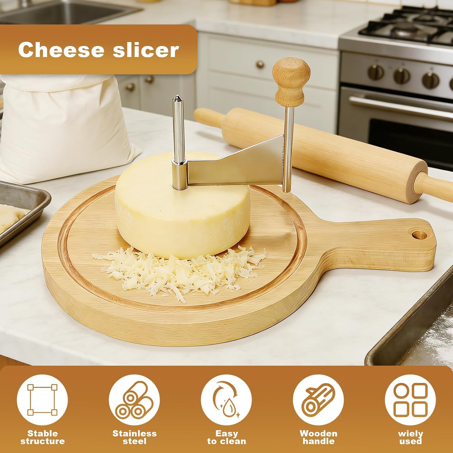 Girolle Cheese Shaver, Cheese Curler Flower Maker Wheel Slicer, Cheese Shaver Wheel with Sharp Stainless Steel Blade & Wood Base, Cheese Curler for Home Parties, Dessert Shops
