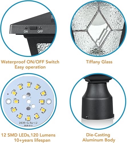 Miniatura 6 de KP4326Q-A Lámpara solar de poste de luz, iluminación al aire libre, luz de pilar solar LED de aluminio con vidrio Tiffany para columna de puerta,