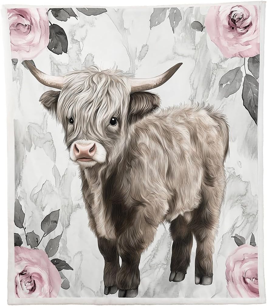 Highland Cow Floral Plush Sherpa Blanket - Bull Cattle Western Funny Animal Flannel - Brown Wildlife Farmhouse Cow Bed Cover - Rose Cherry Blossoms Grey Marble - Queen 90"x90"