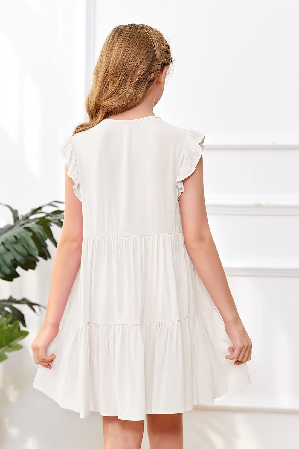 Mafulus Girls Ruffle Sleeve Dress Kids V Neck Button Down Tiered Swing A-Line Summer Beach Sundress Outfit 5-14T - Image 3