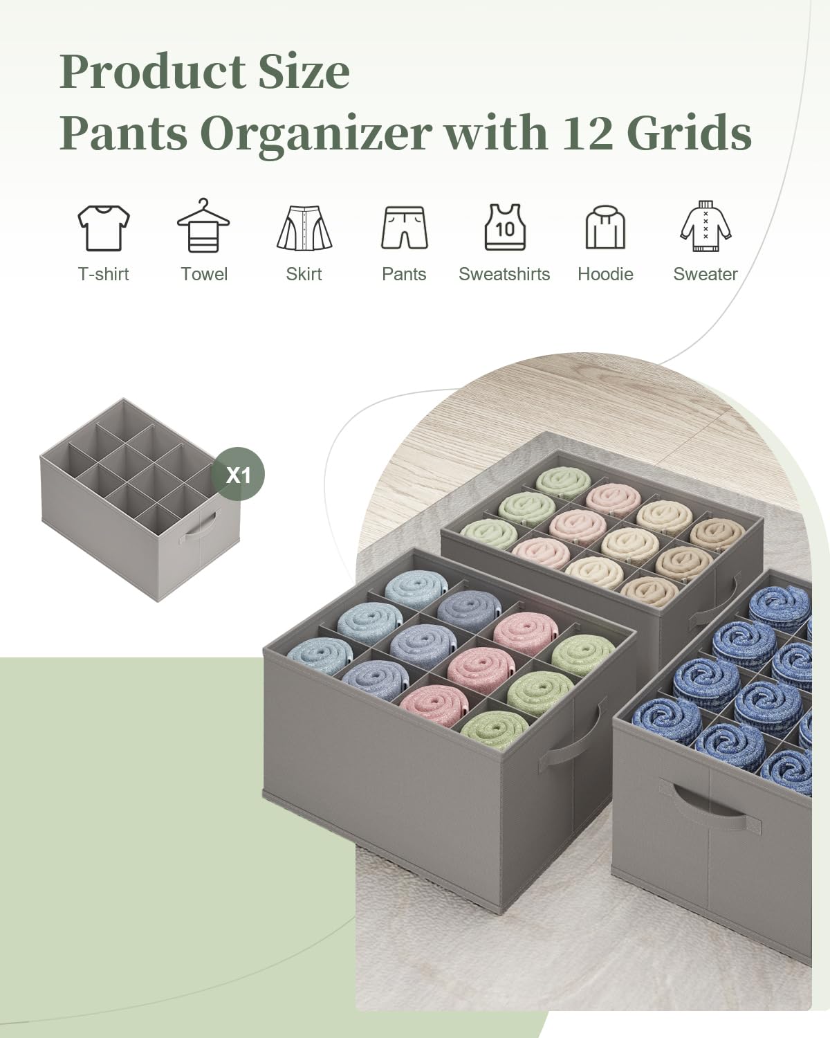 Yempum 1 Packs Jeans Organizer for Closet, 12 Cell Drawer Organizer Towel, Pants, T-Shirt, Sweater, Dress Stackable for Wardrobe Large Clothes Organizer and Storage Bin, Shelf Dividers, Gray