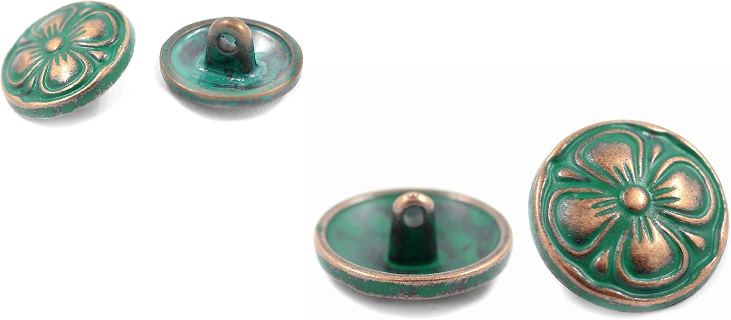 Bezelry Green Cyan Antique Copper Clover Metal Blazer Buttons Set. (Set 15mm and 23mm)
