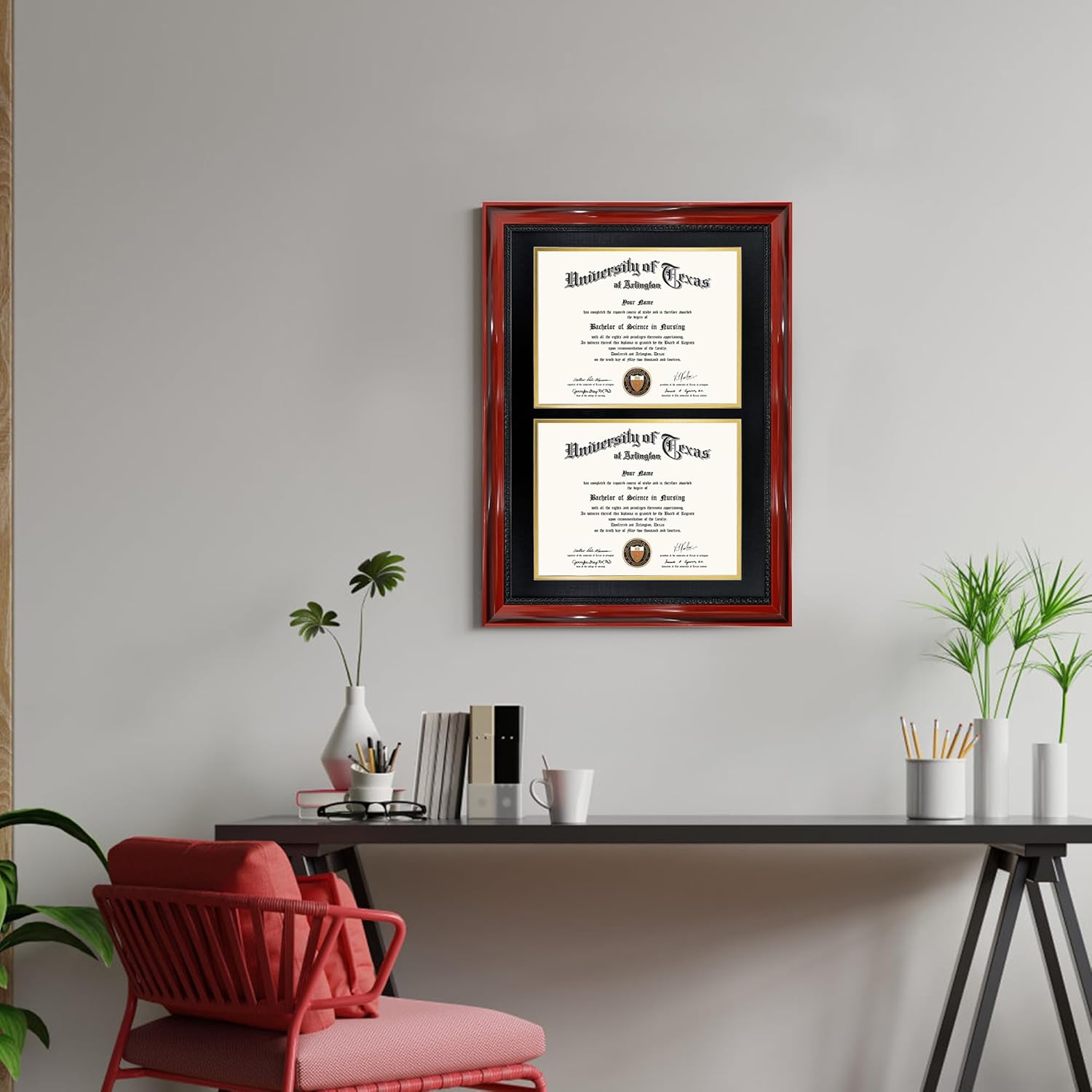 GMFrames Double 8.5x11 Diploma Certificate Frame, Solid Wood with Cherry Lacquer Finish & Intricate Rope Detail,UV Protection Acrylic, Easy-open Backs, Black over Gold Mat - Image 2