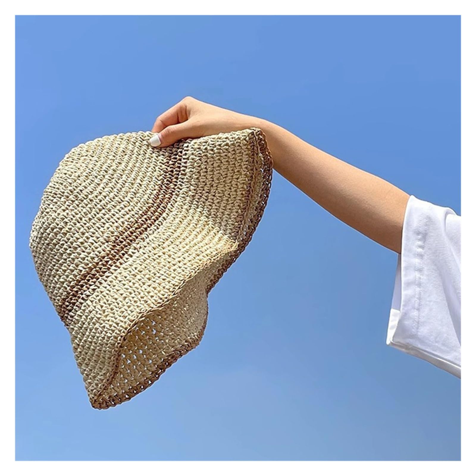 Sombrero de paja con ala ondulada for mujer, estilo cubo plegable ancha for playa, exteriores y verano
