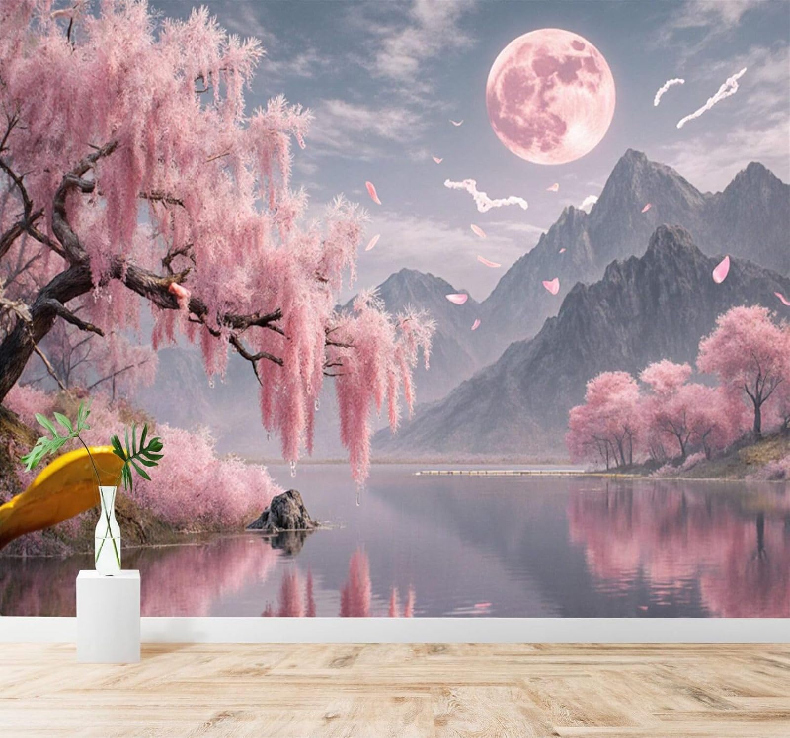 Tzxztt Lake Beautiful Pink Cherry Blossom Trees Mountains Full Moon Modern 3D Wallpaper Premium Textured Silk Neutral Tones Material Ideal for Living Room Bedroom-200cm×140cm