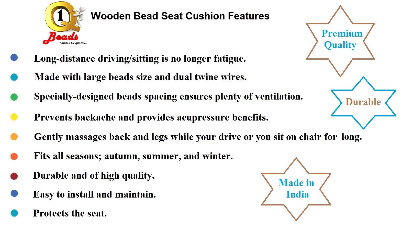 Q1 Beads MCoffee Wooden Beads Acupressure mat car Bead seat Cover Cushion for car & SUVs (Universal Fit,Any Brand Car/SUVs) - Image 6 thumbnail