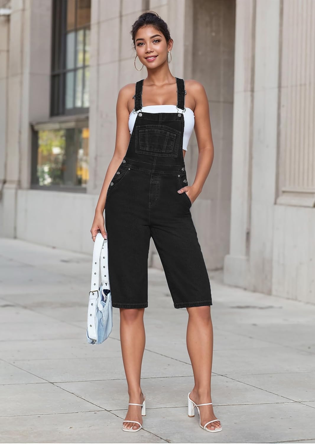 Hybrid & Company Womens Leisure Adjustable Straps Stretch Bermuda Short Denim jumpsuits Overalls - Image 6