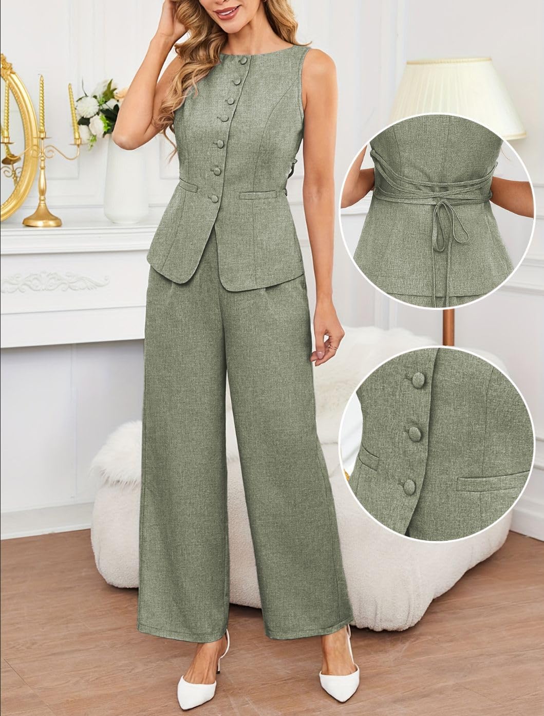 Conjunto Mujer Vestir Dos Piezas Conjunto De Traje De Verano De 2 Piezas Para Mujer: Elegante Blazer Sin Mangas Con Cuello Redondo Y Lazo En La Espalda Y Pantalones De Pierna Ancha A Juego Conjunto