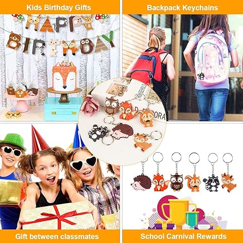 Miniatura 4 de Paquete de 24 llaveros de animales del bosque para suministros de recuerdos de fiesta de bosque, rellenos de bolsas de fiesta de cumpleaños,