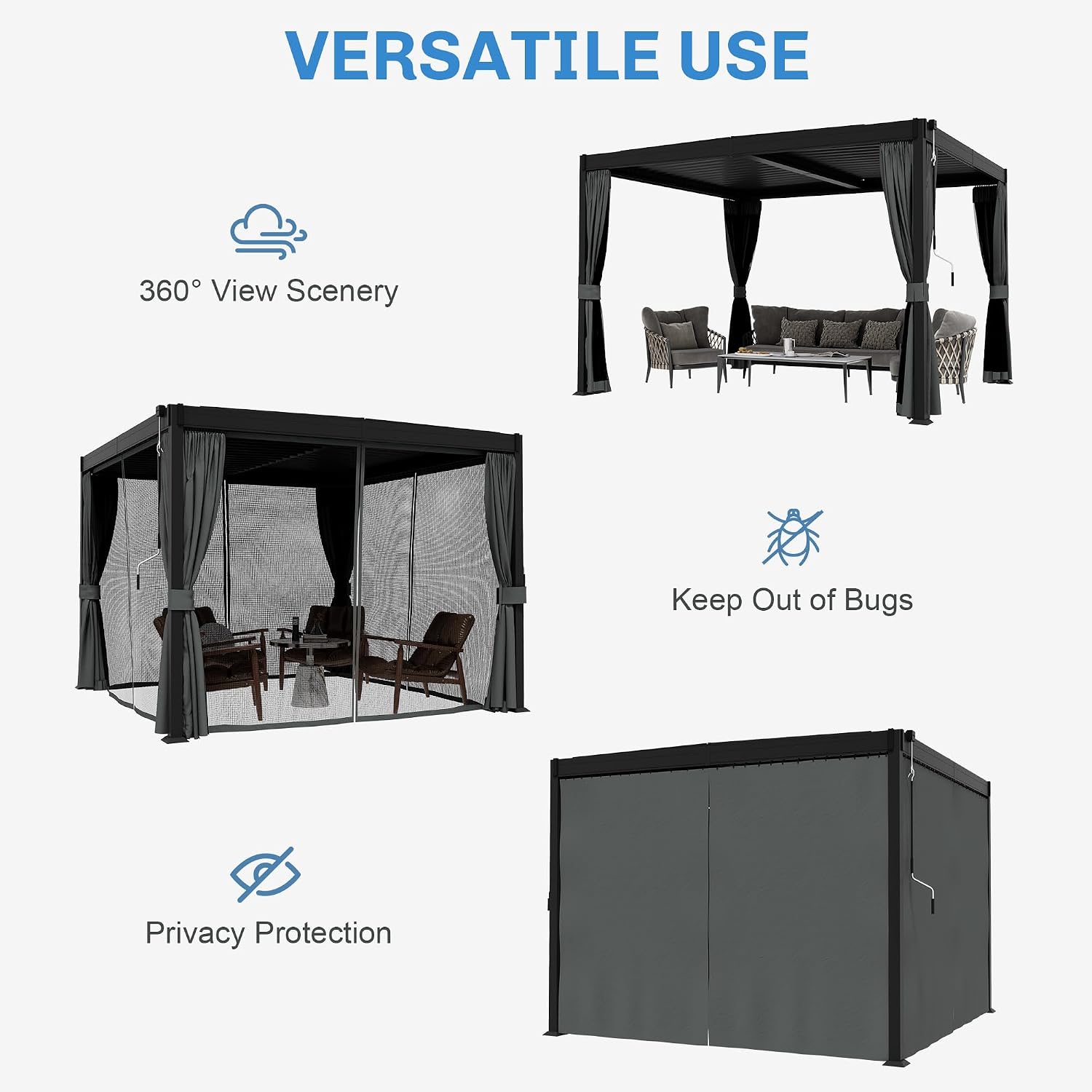 10'x10' Louvered Pergola, Outdoor Metal Pergola with Adjustable Louvered Roof, Hardtop Patio Gazebo with Curtains & Mesh Screens for Patio, Deck, Backyard, Garden, Yard