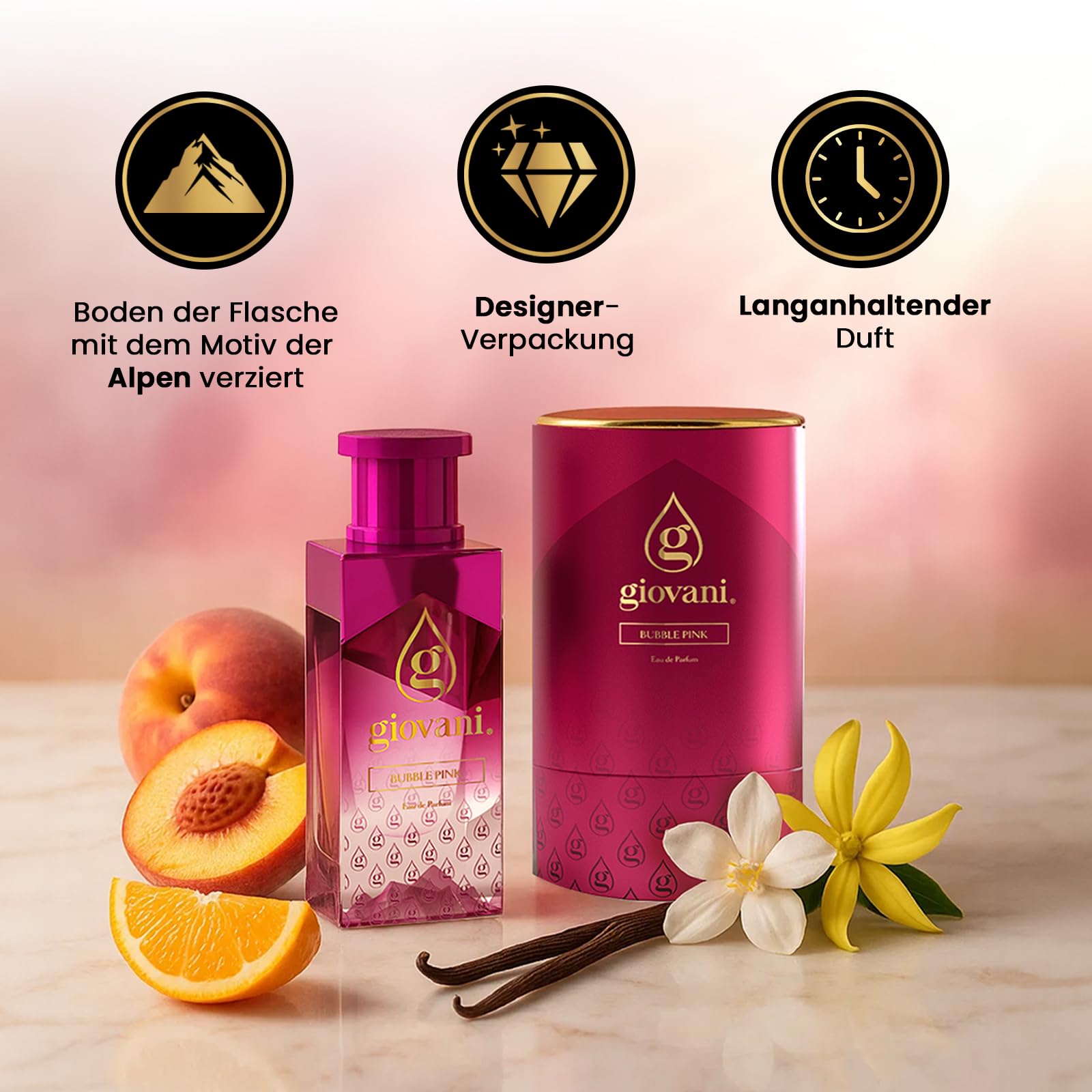 Giovani BUBBLE PINK Parfum 50 ml – Langanhaltendes Damen Eau de Parfum mit Pfirsich, Orange, Jasmin & Vanille – Süßer, blumig-fruchtiger & sinnlicher Premium-Duft