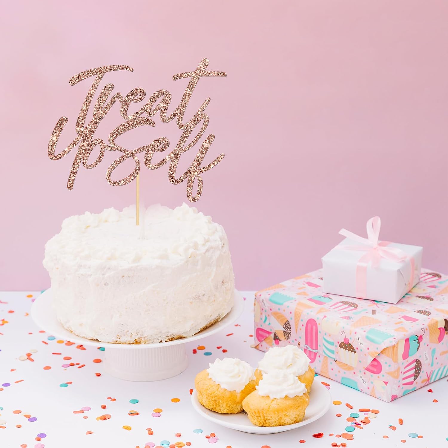 Treat Yo Self Cake Topper, Engagement Party Cake Decor, Sweets & Treats, Wedding Bachelorette Party Cake Decorations Rose Gold Glitter image 5