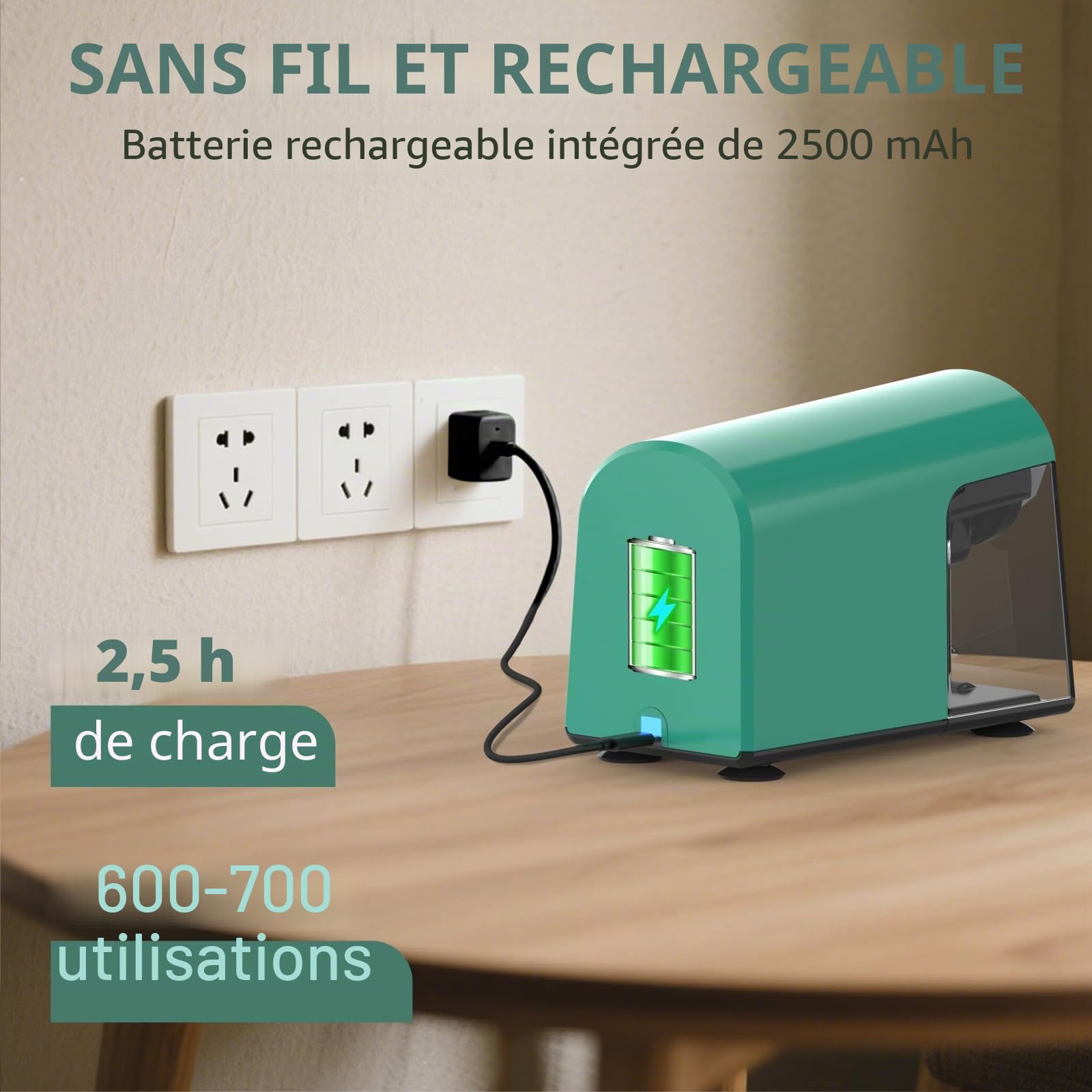 AFMAT Taille-crayon automatique avec boîte, 6 trous, arrêt automatique, rechargeable, pour grand crayon de 6 à 11 mm, pointe pointue, pour enfants, artistes et enseignants, vert, PSD2