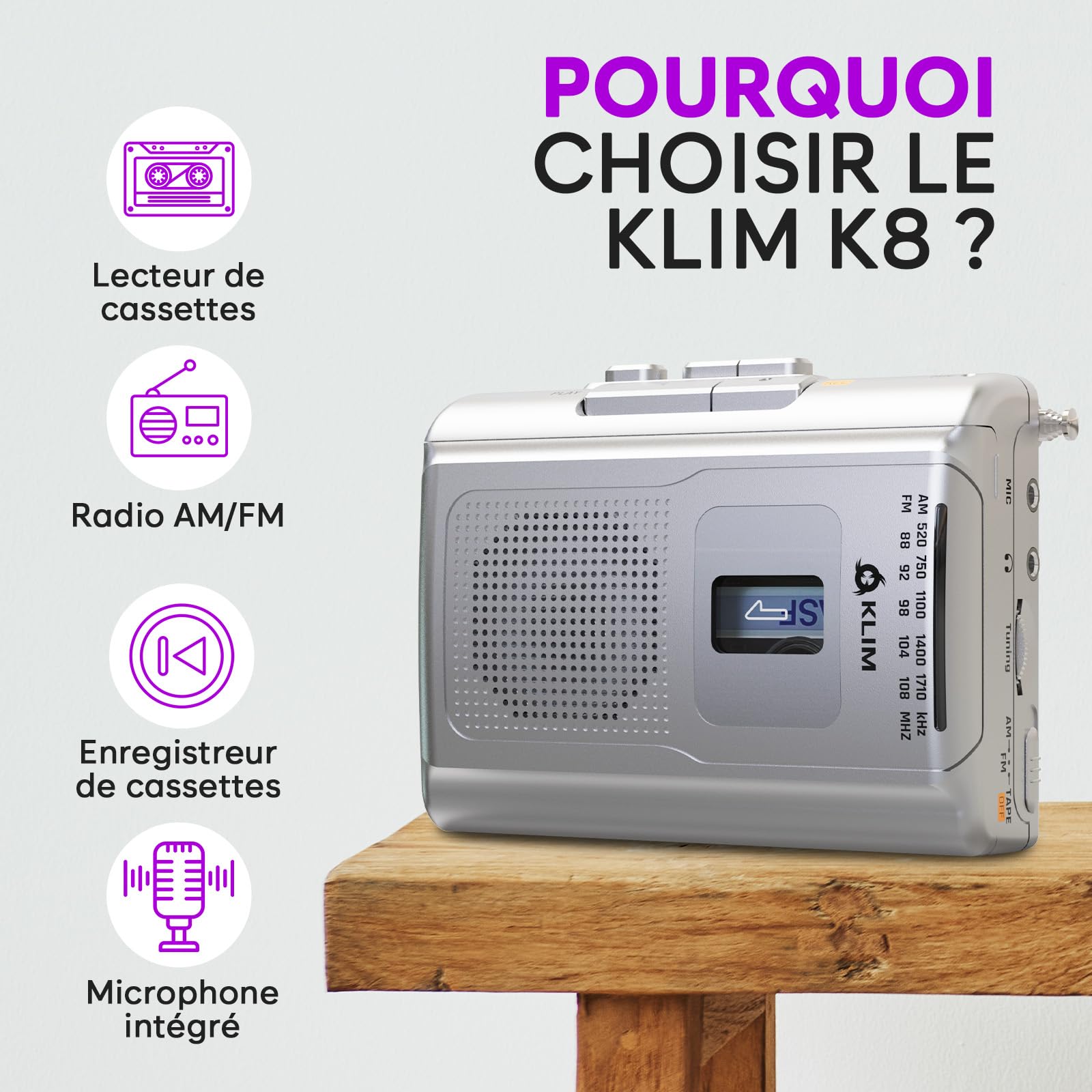KLIM K8 Lecteur Cassette Audio - Enregistreur Cassette - Nouveau Player - Radio AM/FM - Microphone et Haut-Parleur Intégrés - Prise Casque et Écouteurs - Argent
