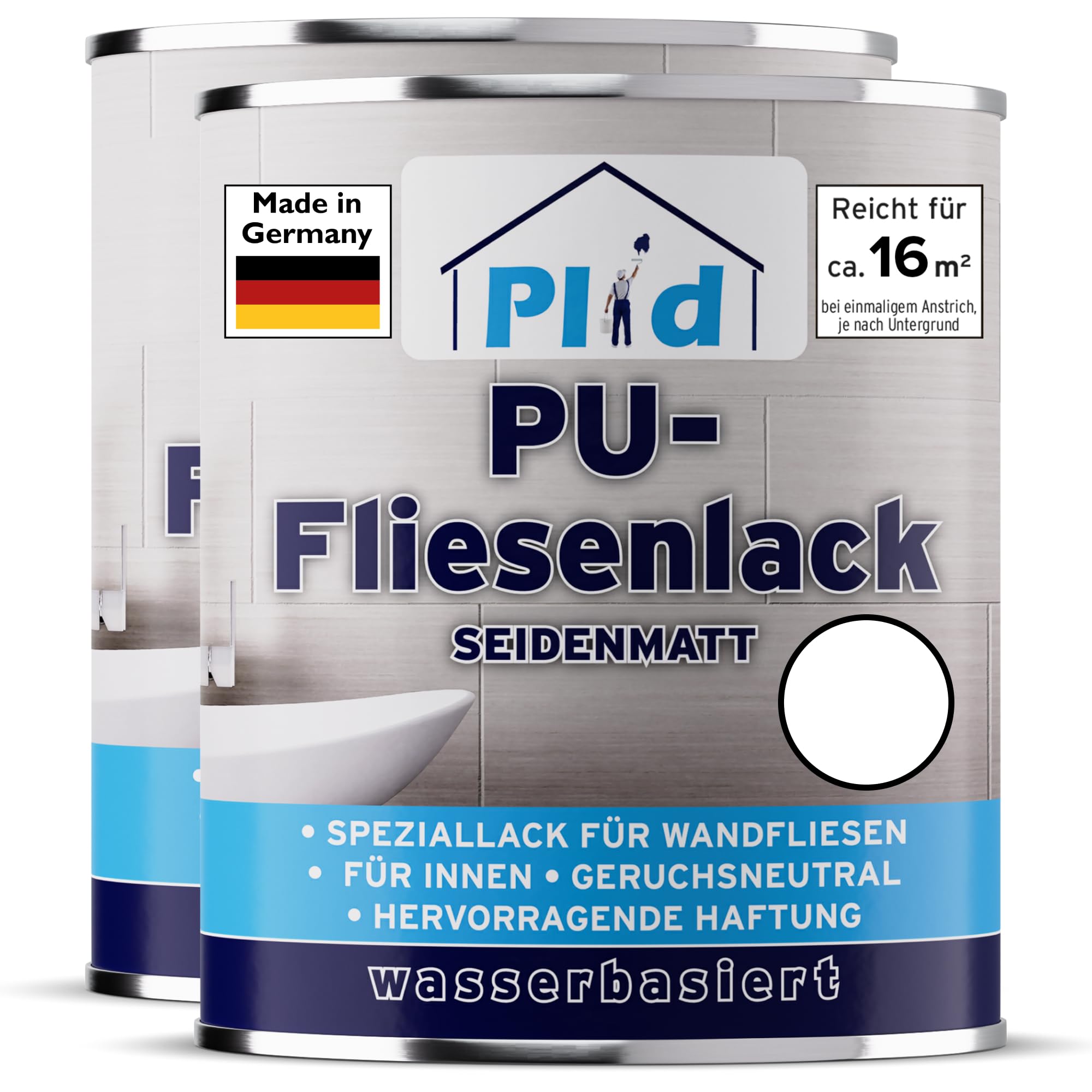 plid® Vernice per piastrelle bagno e cucina [resistente all'umidità] - Smalto bianco satinato 1,5l - Rinnova piastrelle in bagno e cucina - 3in1 vernice - Made in Germany