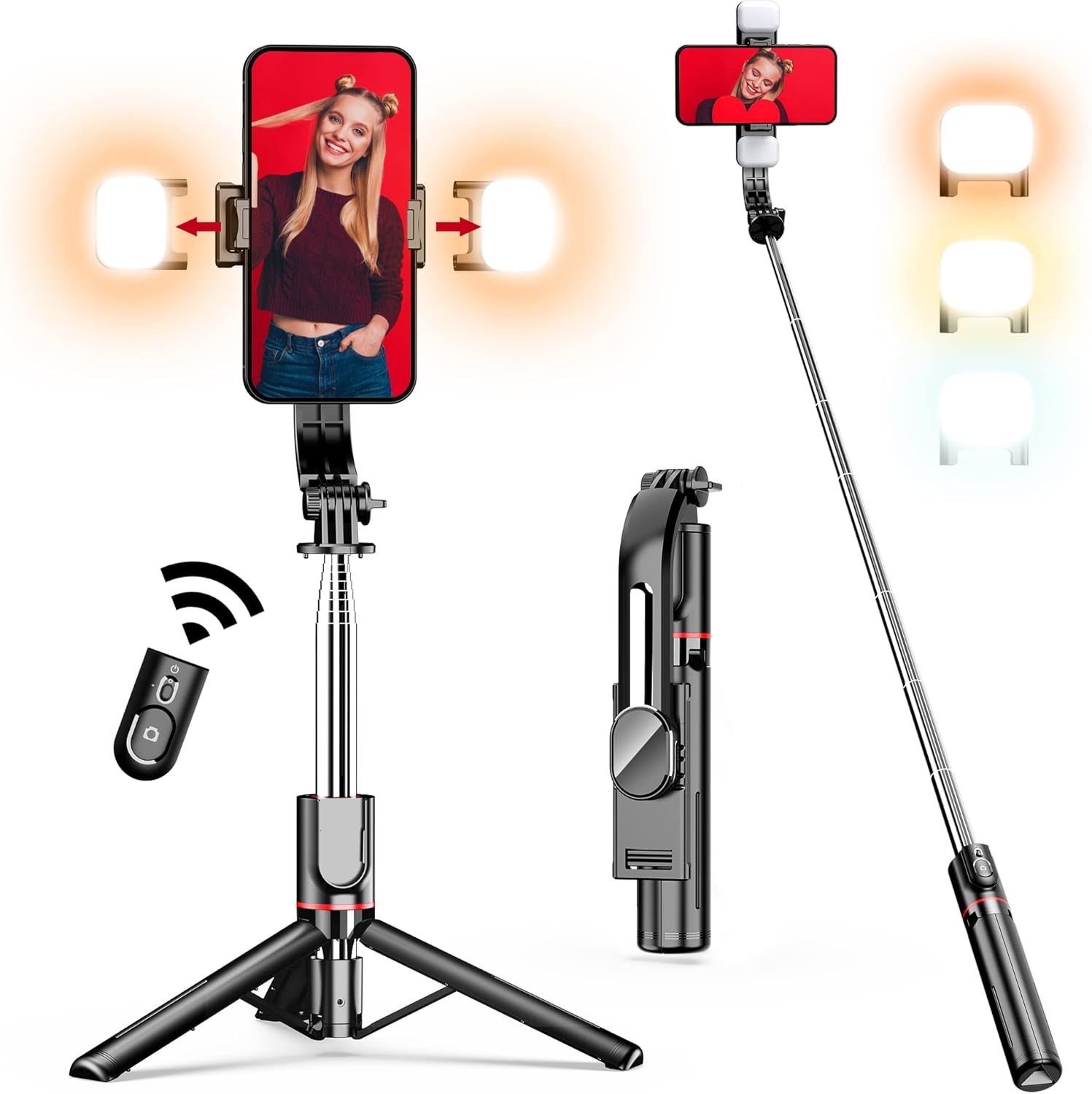 Palo Selfie Tripode para Movil - Trípode Mejorado - 2 Luces de Relleno, 115CM Selfie Stick con Control Remoto Desmontable, 360° Rotación para iPhone 14/13/12/11/XS/XR, Samsung, Xiaomi y Más