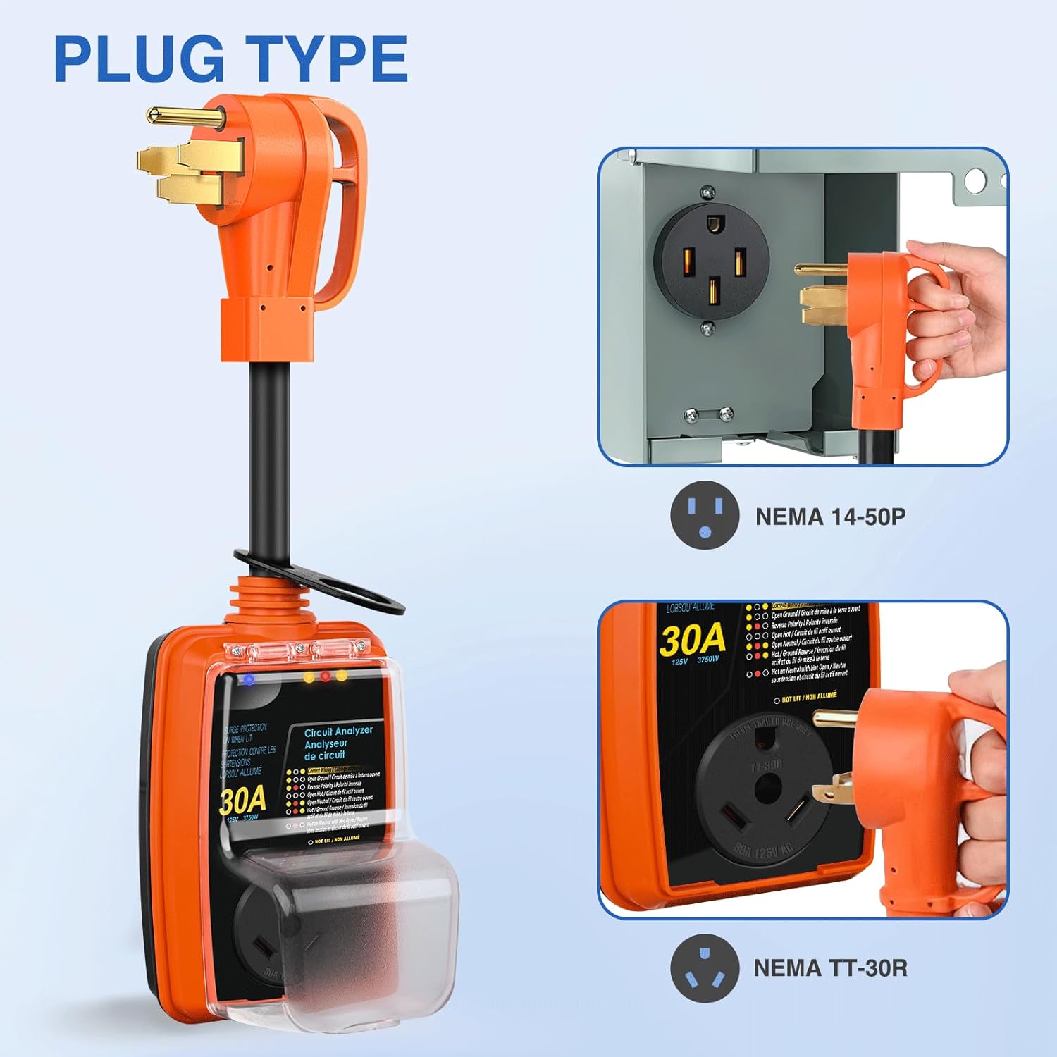 Nilight 50 to 30 Amp RV Surge Protector Power Adapter 4200 Joules Voltage Monitor 14-50P to TT-30R Converter 125V/3750W Waterproof Circuit Analyzer with Extension Cord for Camper Travel Trailer