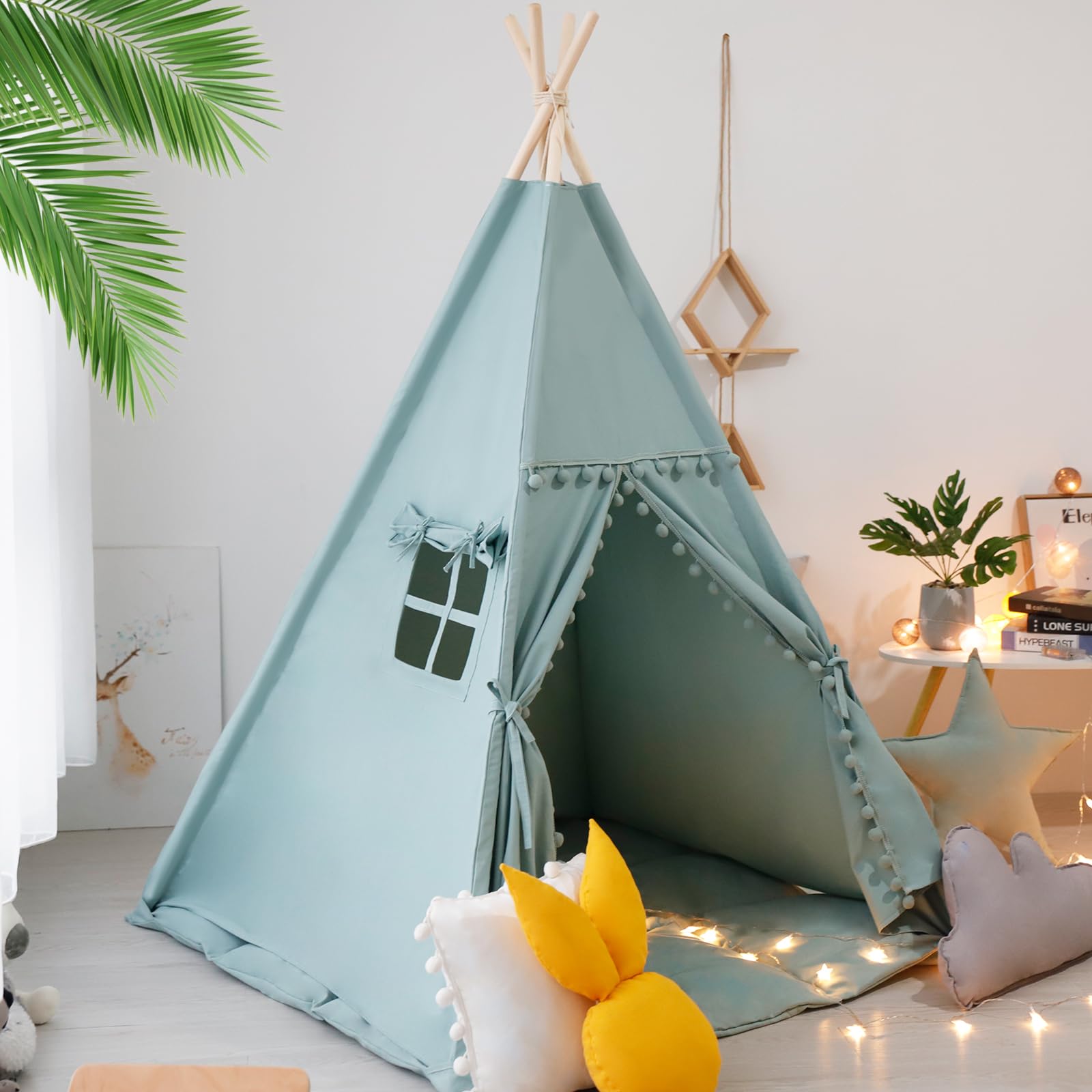 RONGFA Teepee Tent for Kids with Mat, Star Lights, Carry Case, Cotton Canvas Playhouse, Foldable Tents, Portable Children Play Tent Indoor Outdoor (Jewelry Blue)
