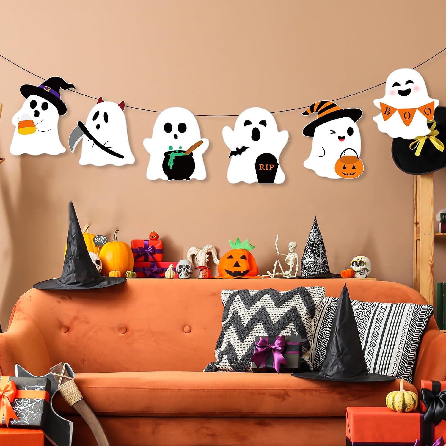 Large Ghost Cutouts Halloween Decorations Cardboard Cutout Set of 9, Spooky Halloween Cutouts Wall Decor Indoor Outdoor, Black and White Paper Cut Outs Party Decoration (Large, Ghost)