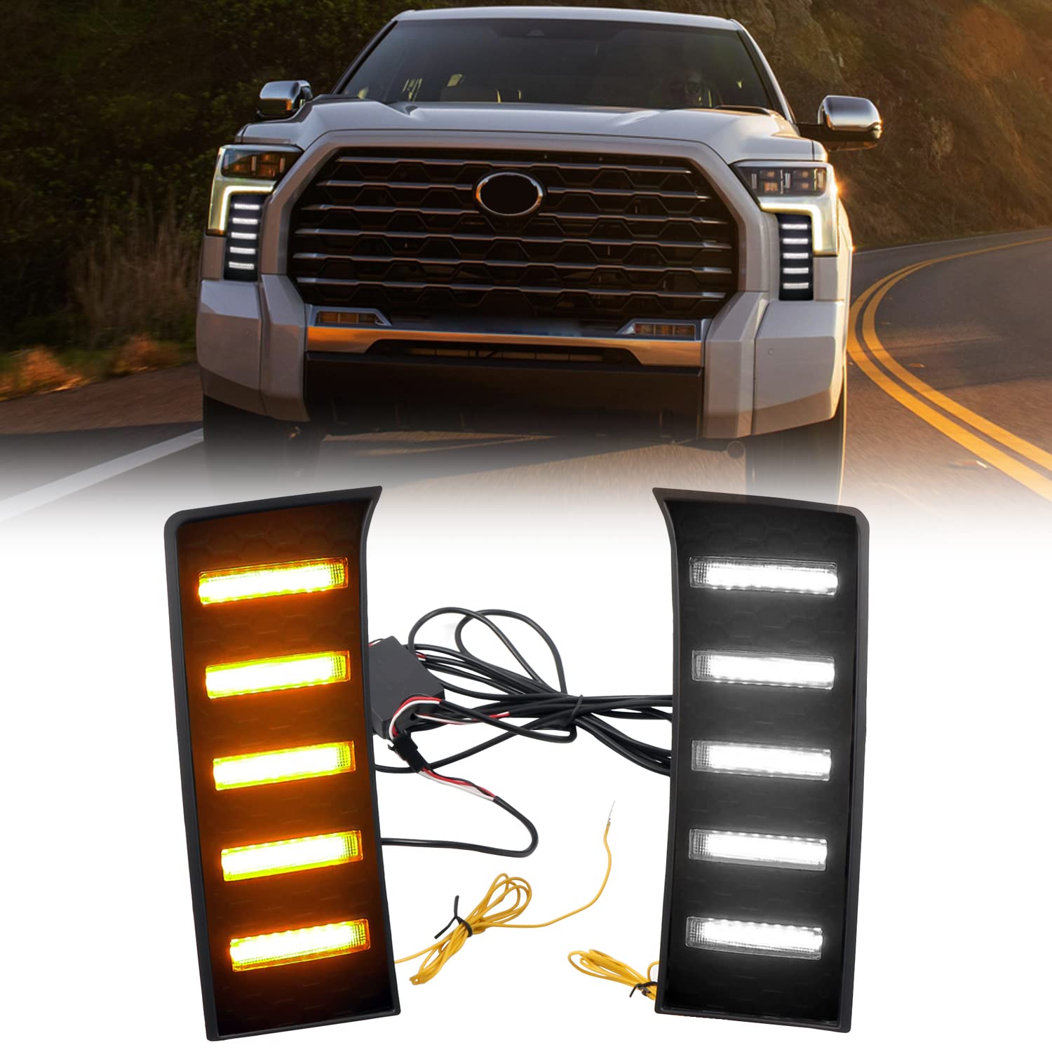 HIGH FLYING for Toyota Tundra 2022 2023 2024 2025 Car Accessories Front Fog Lights LED White DRL Daytime Running Light with Amber Turn Signal Lighting A Set