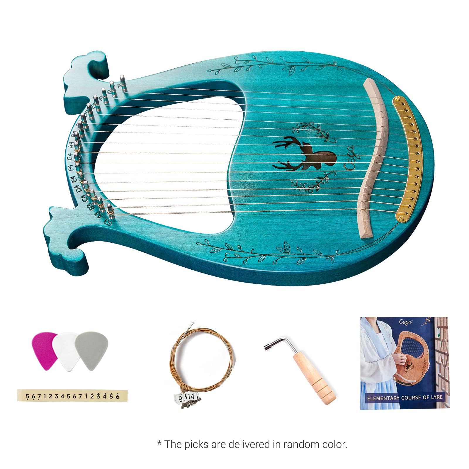 C Key 16-strunowa drewniana lira harfa rezonansowa pudełko instrument strunowy z kluczem do strojenia 3 sztuki kostki naklejka dodatkowy zestaw strun, drewno,Harfa(Blue)