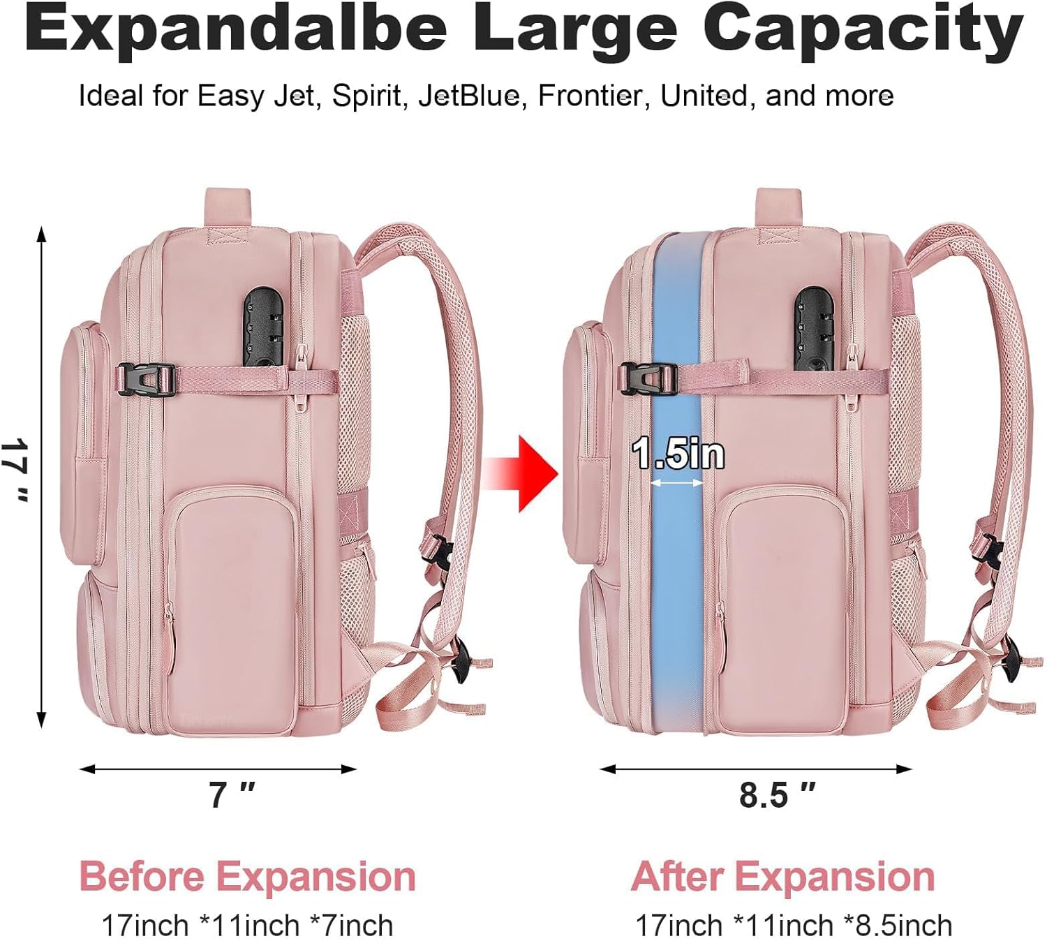 Taygeer Vacuum Backpack, Expandable Vacuum Seal Carry on Backpack with Rain Cover, 17'' laptop Compression Backpacks Travel with Shoe Compartment, TSA Approved Personal Item Compression Back Pack,Pink