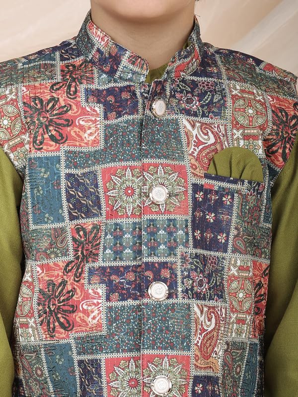 Image of superminis Boys Cotton Printed Full Sleeves Kurta Pyjama with Jacket Ethnic Wear Set
