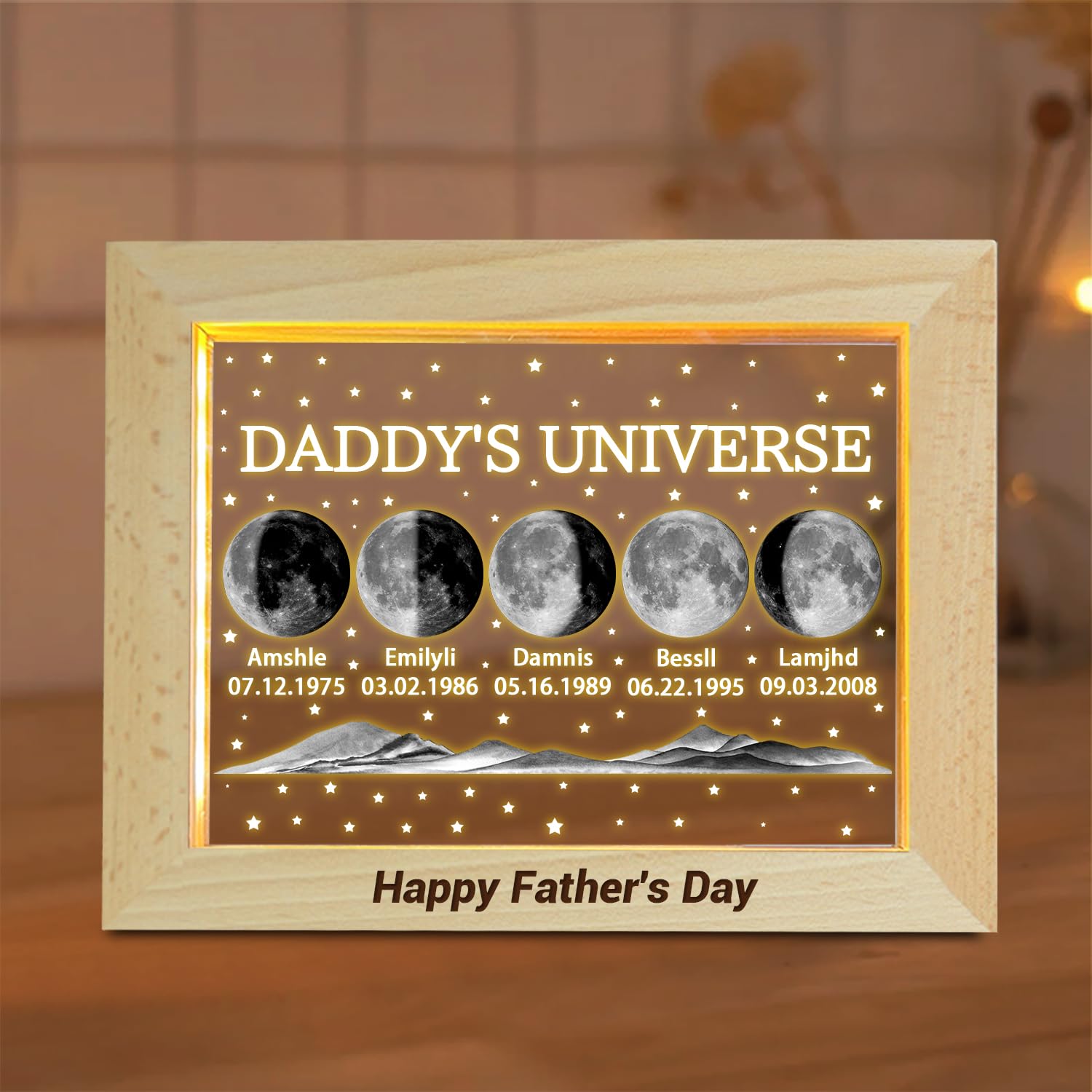 VWCSDSCS Daddy's Universe Personalized Moon Phase Frame with LED Night Light for Father,Custom Name Date Fathers Day Gift for Husband Grandpa