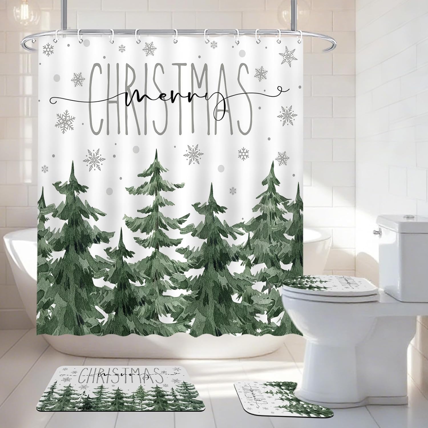Mocsicka Winter Pine Tree Shower Curtain Set for Bathroom, 4Pcs Christmas Winter Forest Scene Bathroom Sets with Non Slip Rugs, Toilet Lid Cover, Bath Mat, Shower Curtain, Bathroom Decor with 12 Hooks