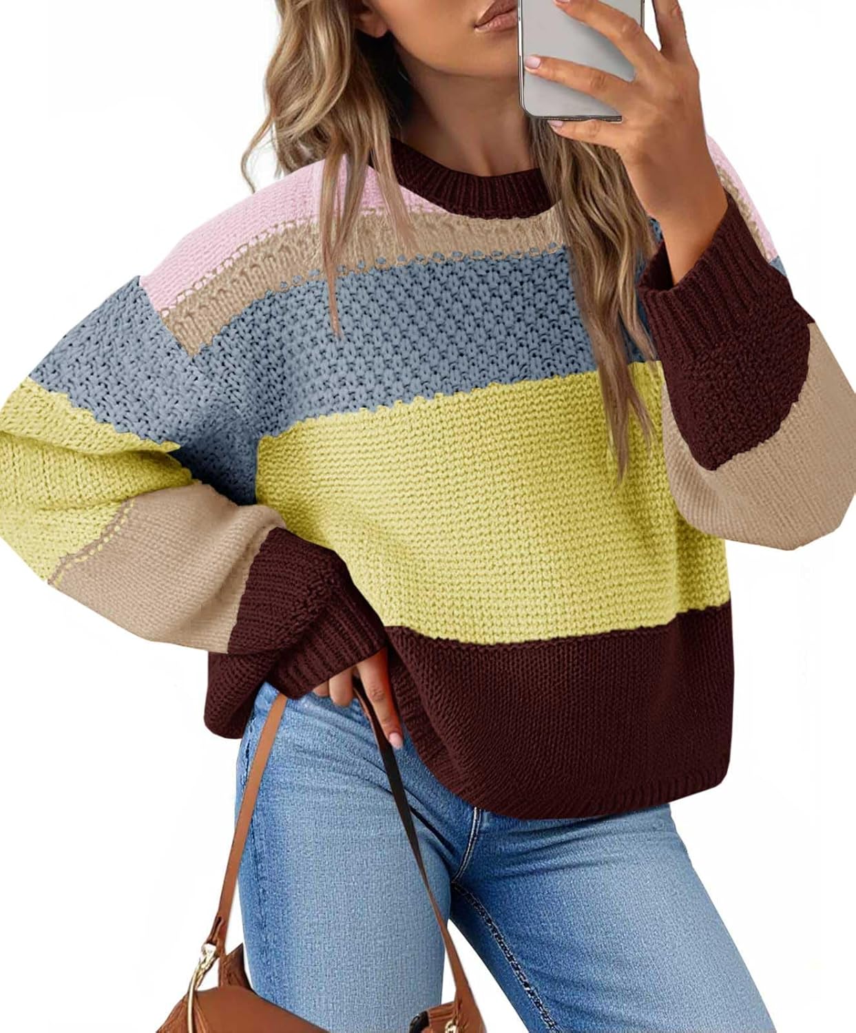 Saodimallsu Womens Color Block Cropped Sweaters 2025 Winter Trendy Casual Oversized Y2k Going Out Striped Pullover Tops
