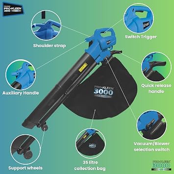 Pro-Kleen Garden Leaf Blower And Vacuum, 3000W, Shreds, Mulches, 10m Power Cable, UK Plug, 2 x 35L Large Collection Bags, 10:1 Mulching Shredding Ratio, Lightweight