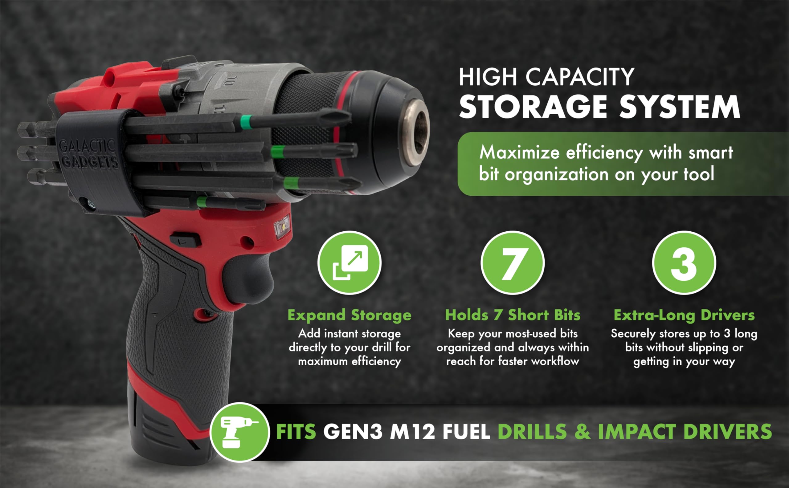 Porte-embout magnétique pour Milwaukee M12 Fuel 3453-20 – Droitier – Rangement robuste de qualité entrepreneur – Galactic Gadgets (noir)