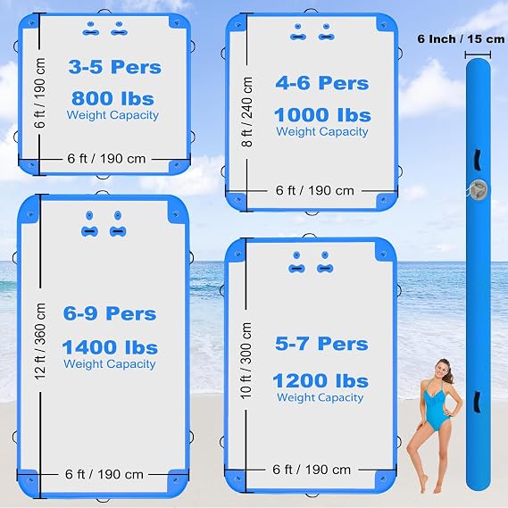 GZKYYLEGS 6ft/8ft/10ft/12ft Inflatable Floating Dock Water Platform | Multi-People Inflatable Floating Mat, Swim Dock Platform, Non-Slip Surface, 6 Inch Thick, For Lake/Boat/Island/Swimming Pool