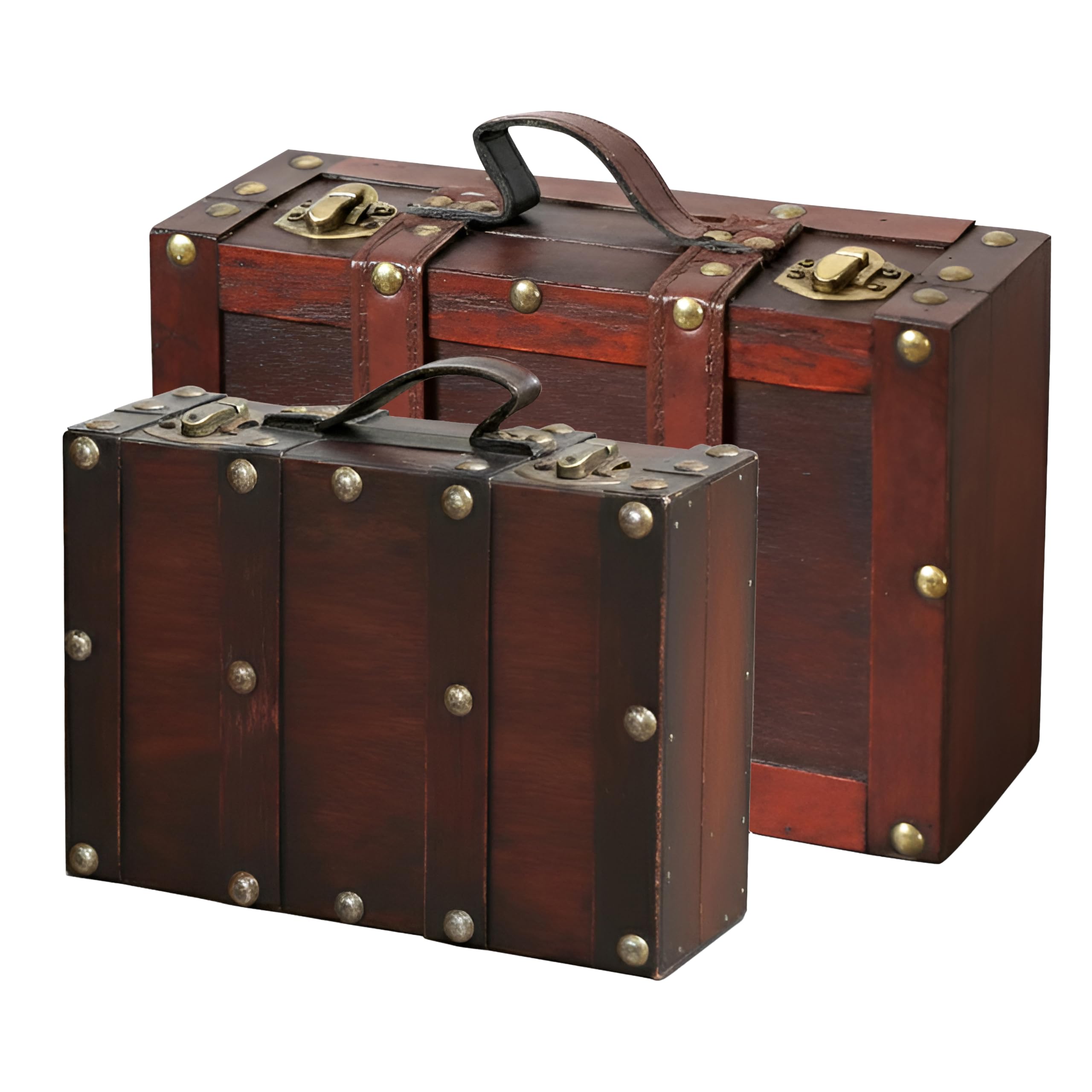 Vintiquewise Old Style-Valigia Decorativa con Cinghie, Set da 2 Pezzi, Legno, Marrone, 38.1 x 26.67 x 13.97 cm