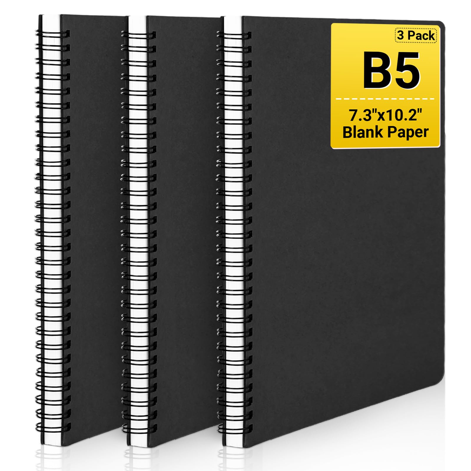 EUSOAR Blank Notebook Journal, B5 3 packs 7.3"x10.2" Black Hardcover Spiral Plain Travel Writing Notebooks, Notepad Sketchbook, Students College Office Business Subject Diary Spiral Book Journal