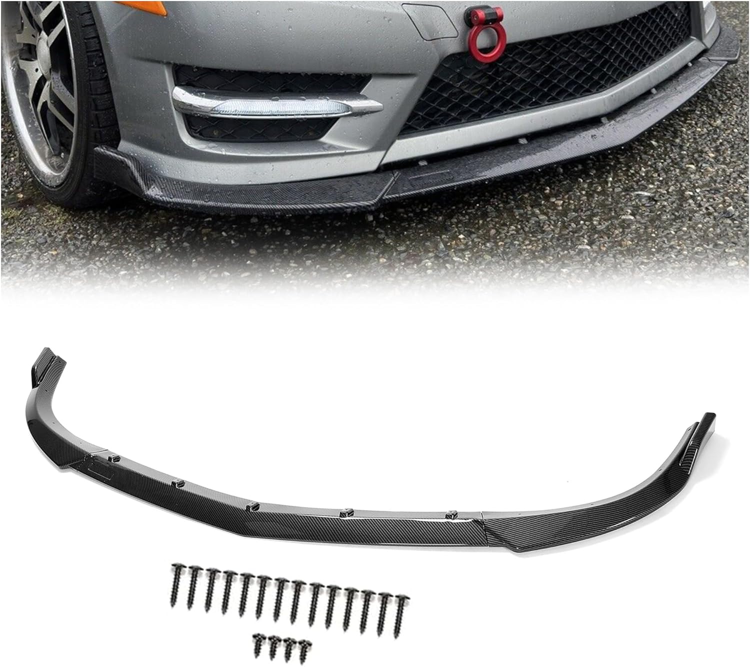 Front Bumper Lip Spoiler Compatible with 2012-2014 Mercedes Benz W204 C Class C180 C200 C220 C250 C300 Sport Models 3Pcs Spoiler Trim Protection Carbon Fiber Style