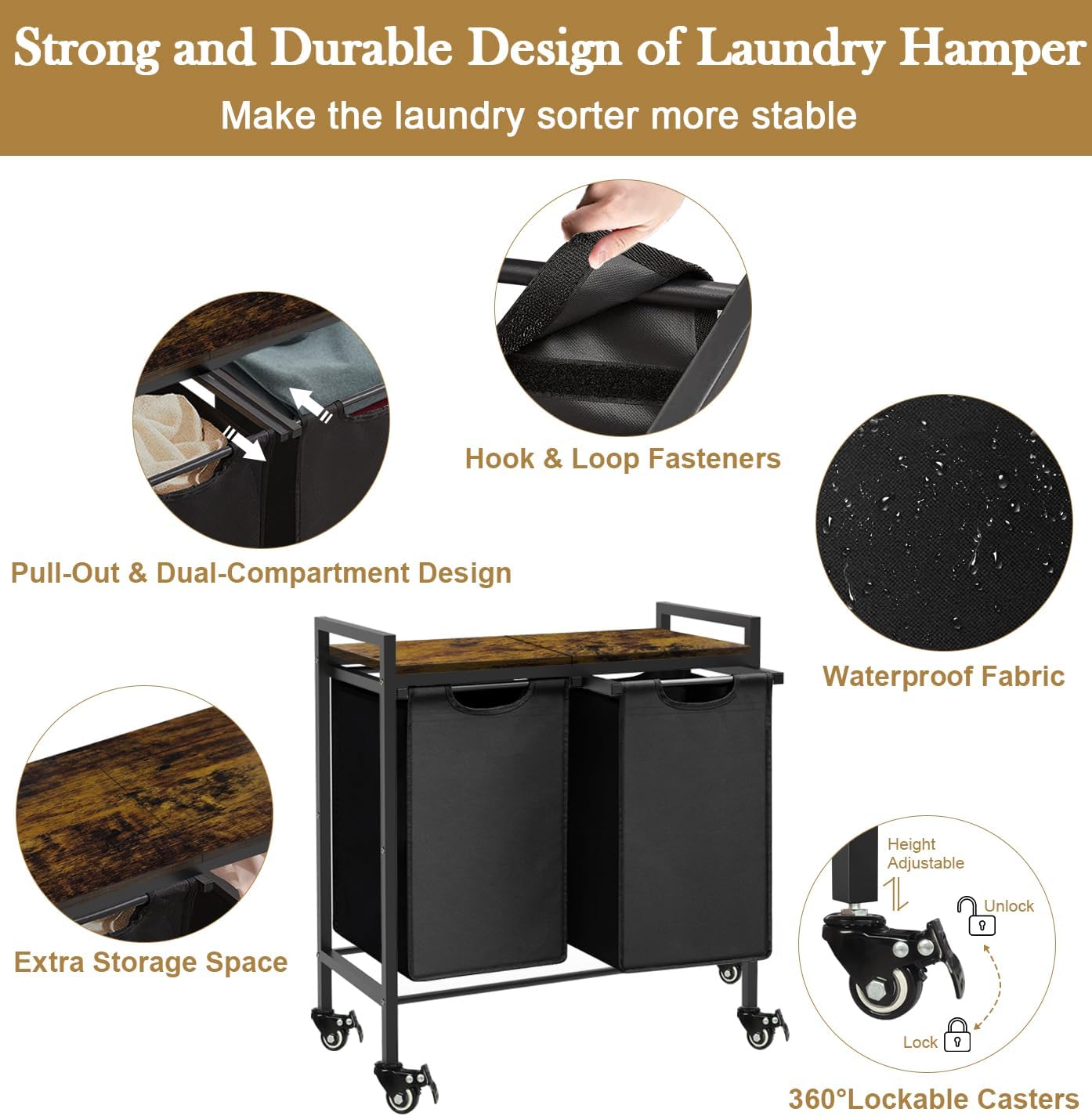 Double Laundry Hamper with Wheels & 2 Pull Out Section Removable Bags, Extra Large Dual Rolling Laundry Sorter Basket Organizer with Shelf for Bathroom, Bedroom, Laundry Room, 2 x 9Gal, Black