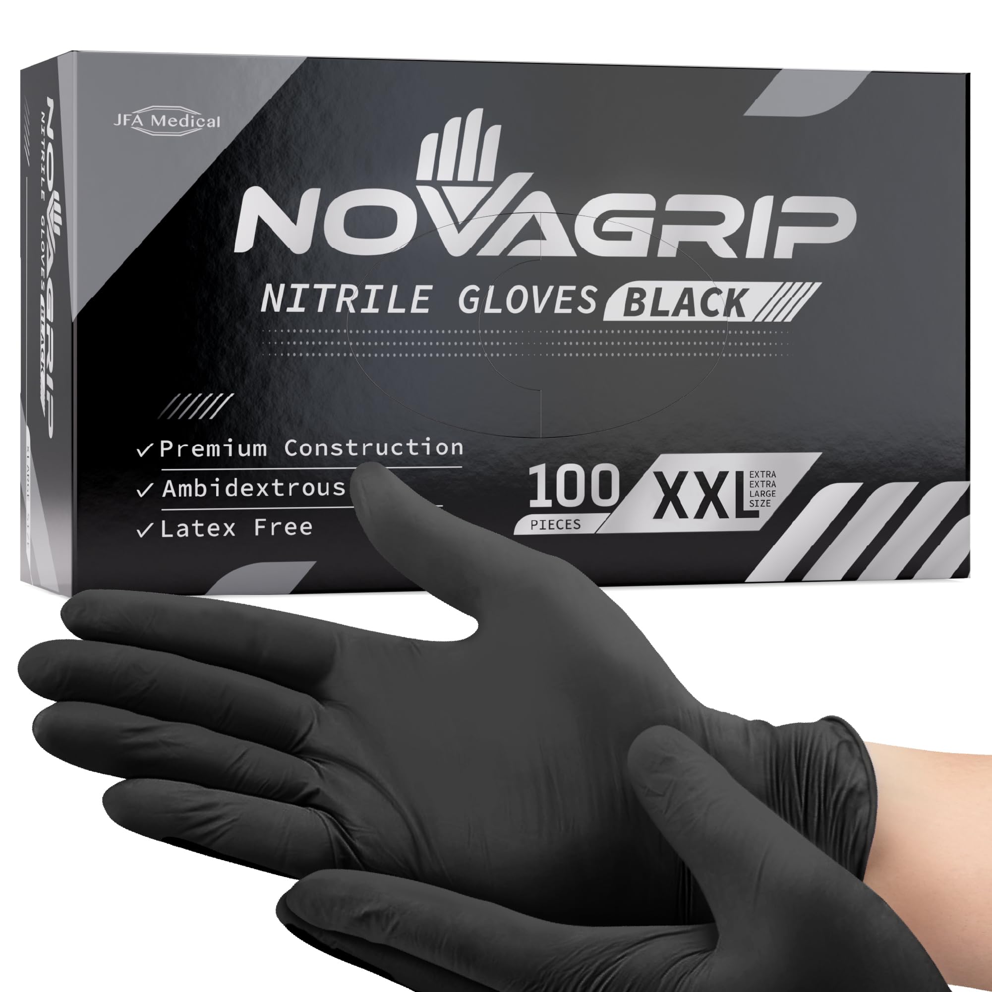 Novagrip JFA Medical Disposable Powder Free Latex Free Black Nitrile Gloves - Box of 100 (Extra Extra Large)