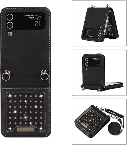 Asuwish Funda de teléfono para Samsung Galaxy Z Flip 4 5G 2022 Funda tipo cartera y ranura para tarjetas de cuero con purpurina accesorios para