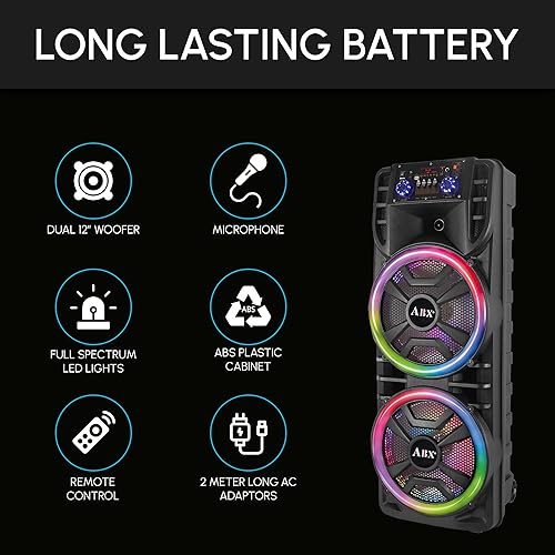 Miniatura 6 de Audiobox ABX-214R Altavoz Bluetooth portátil dual de 12 pulgadas, peso ligero pero fuerte con BASS, luces de fiesta RGB, micrófono inalámbrico,