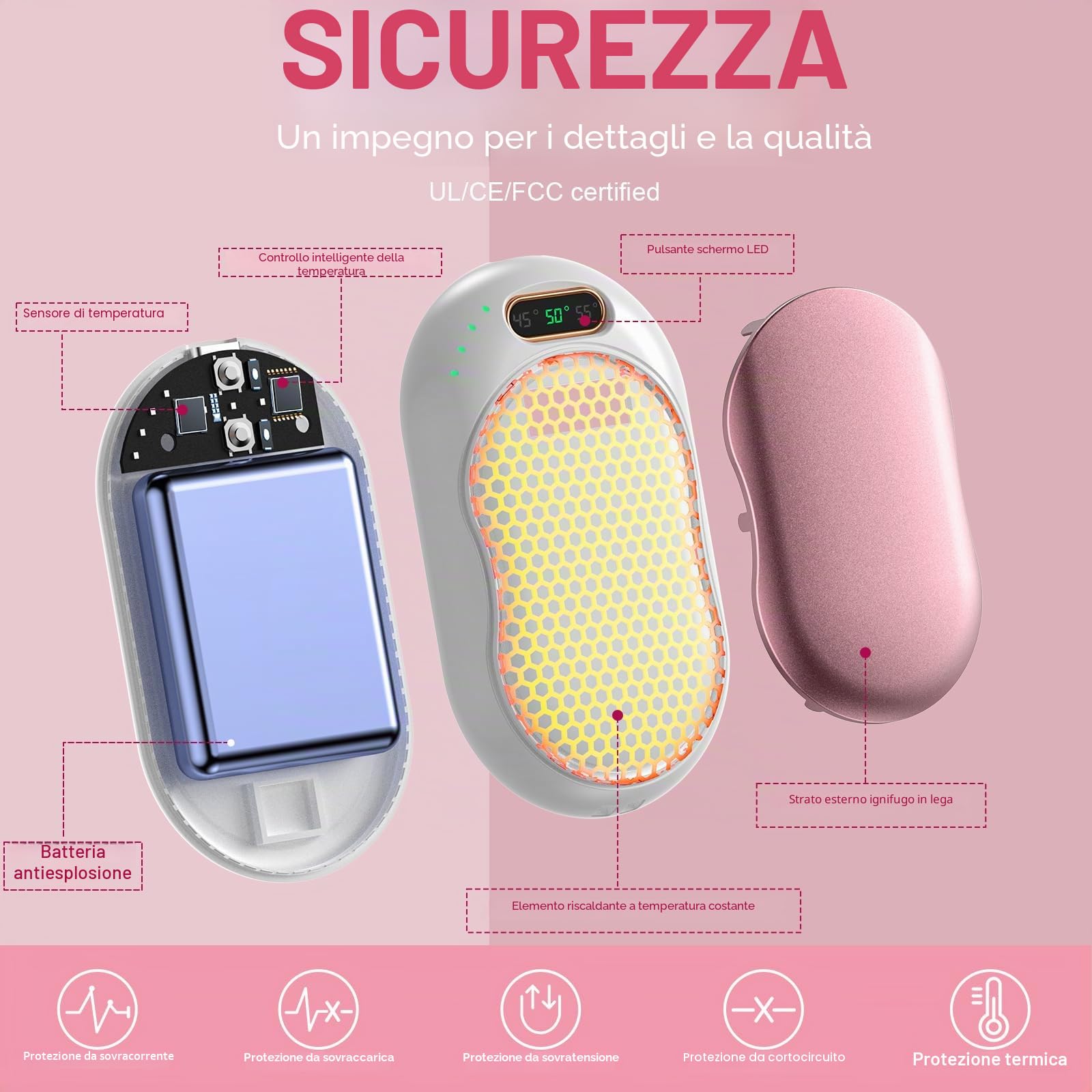 Scaldamani Ricaricabile 5000mAh Scaldamani Elettrico Magnetico Divis Riutilizzabile Scalda Mani Elettrici 3 Livelli di Riscaldamento Fino a 55℃ per Sport all'Aria Aperta e Regalo Invernale (Oro Rosa)