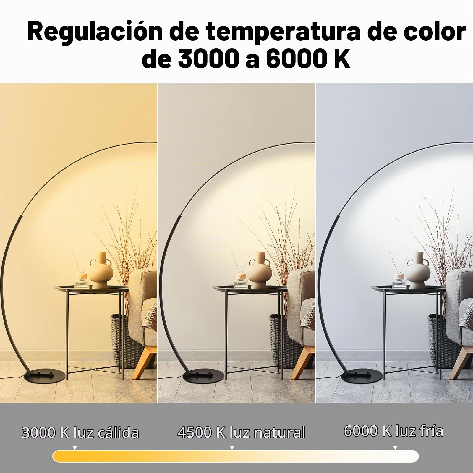 Lámpara de Pie LED Moderna de Arco - Regulable con 3 Temperaturas de Color, Ultrabrillante para Sala de Estar y Dormitorio con Control Remoto