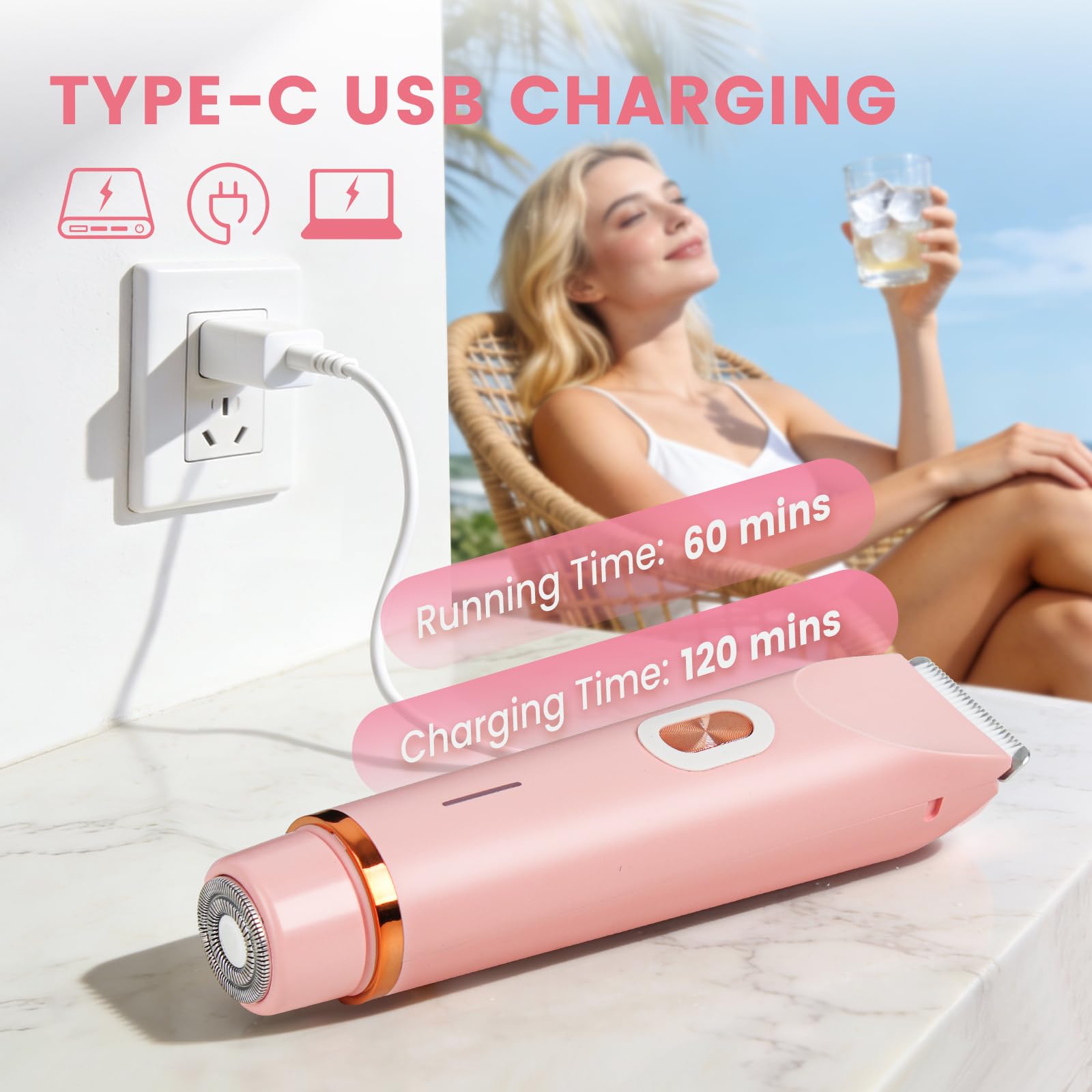Rasoio da donna, 2 in 1, a doppia testa, con ricarica USB-C, rasoio elettrico da donna, per viso, gambe e braccia, bikini trimmer con testa di taglio impermeabile, facile da pulire