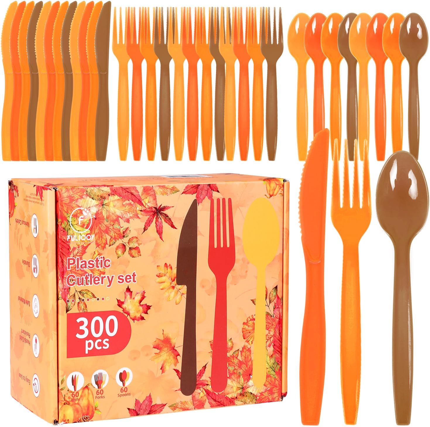 300 PCS Autumn Plastic Silverware Set Disposable Utensils Heavy Duty Plastic Cutlery Set Orange Brown Disposable Includes Spoons Forks Knives for Thanksgiving Party Decoration Supplies