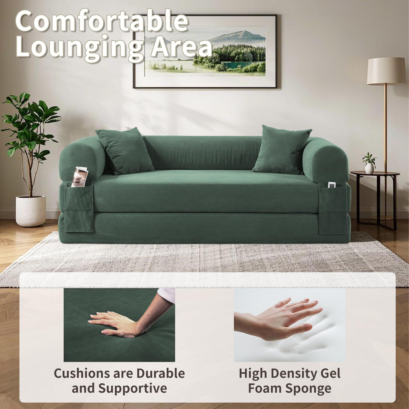 Cabrio Schlafsofa, Cord-Klappcouch mit Zylinderkissen, einfacher Transport, Bodensofa-in-a-Box, tiefer Sitz, Slish Green Wohnzimmerfell, kein Aufblasen erforderlich
