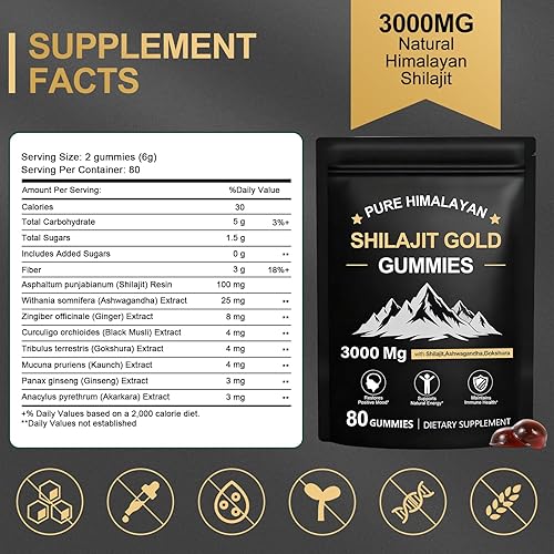 Vista 2 de Shilajit - Gomitas para hombres y mujeres, ricas en ashwagandha y gokshura, ácido fúlvico y más de 85 minerales traza suplemento de micronutrientes