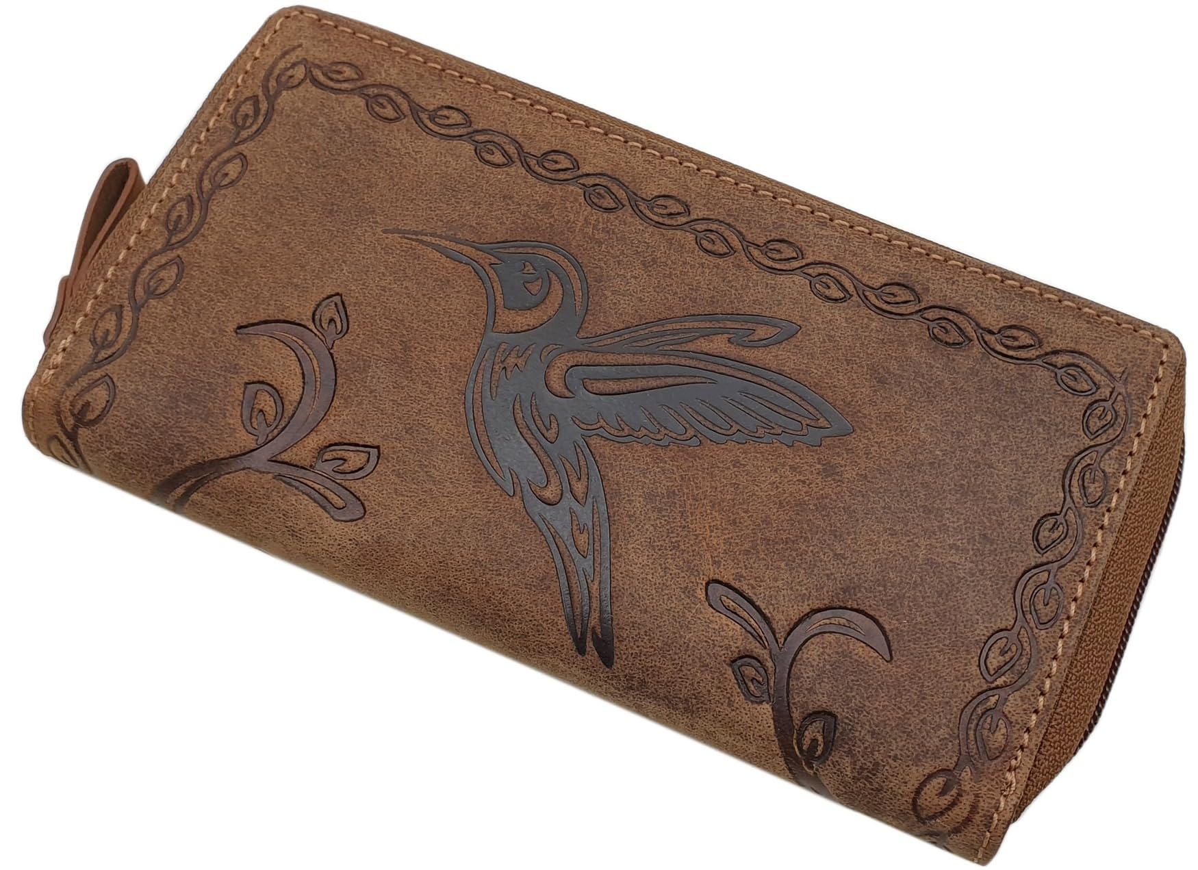 myledershop Gran Cuero de búfalo señora Cartera con picaflor-Motivo con Bloqueo RFID y NFC en coñac (Coñac)